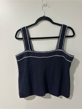 Navy Knit Square-Strap Tank with White Eyelet Trim